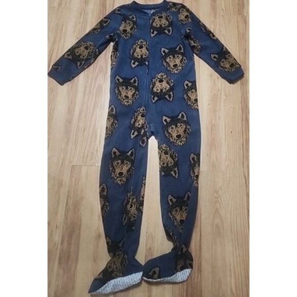 Carters Full Zip Up Footed Fleece Blue With Wolf All Over Graphic Pajamas Size 7 - Picture 1 of 5